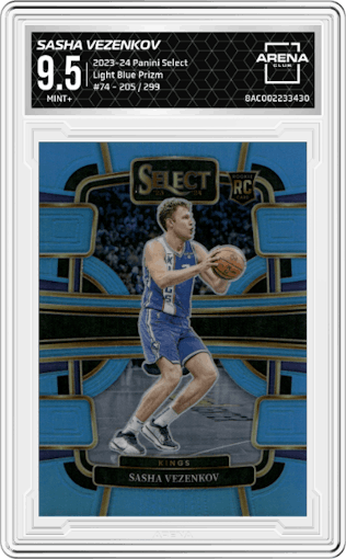 Sasha Vezenkov from the 2023-24 Panini Select  set featuring a Light Blue Prizm parallel graded by Arena Club and given an overall grade of 9.5.