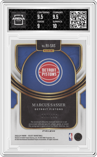 Marcus Sasser from the 2023-24 Panini Select  set graded by Arena Club and given an overall grade of 9.5.