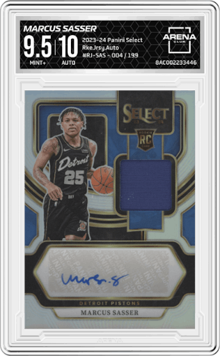 Marcus Sasser from the 2023-24 Panini Select  set graded by Arena Club and given an overall grade of 9.5.