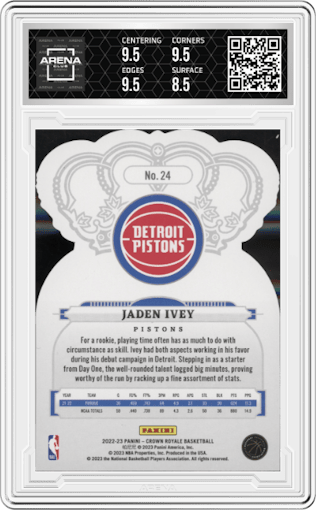 Jaden Ivey from the 2022-23 Panini Crown Royale set featuring a Crystal Blue parallel graded by Arena Club and given an overall grade of 9.
