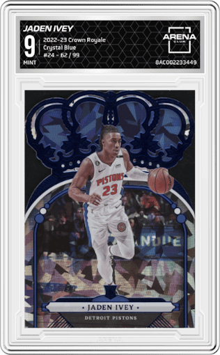 Jaden Ivey from the 2022-23 Panini Crown Royale set featuring a Crystal Blue parallel graded by Arena Club and given an overall grade of 9.