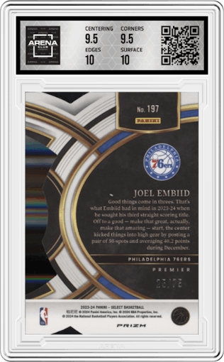 Joel Embiid from the 2023-24 Panini Select  set featuring a Die-Cut Neon Green parallel graded by Arena Club and given an overall grade of 10.