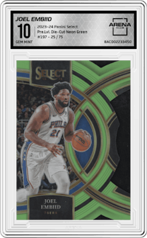 Joel Embiid from the 2023-24 Panini Select  set featuring a Die-Cut Neon Green parallel graded by Arena Club and given an overall grade of 10.
