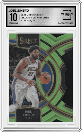Joel Embiid from the 2023-24 Panini Select  set featuring a Die-Cut Neon Green parallel graded by Arena Club and given an overall grade of 10.