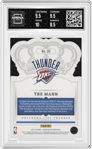 Tre Mann from the 2021-22 Crown Royale set featuring a Crystal Blue parallel graded by Arena Club and given an overall grade of 9.