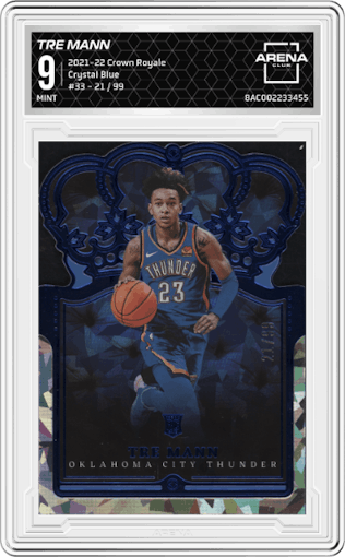 Tre Mann from the 2021-22 Crown Royale set featuring a Crystal Blue parallel graded by Arena Club and given an overall grade of 9.
