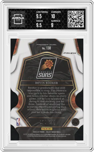 Devin Booker from the 2022-23 Panini Select set featuring a Die-Cut Blue parallel graded by Arena Club and given an overall grade of 9.5.