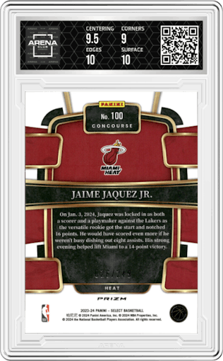 Jaime Jaquez Jr. from the 2023-24 Panini Select  set featuring a Blue Scope parallel graded by Arena Club and given an overall grade of 9.5.