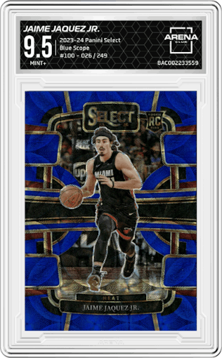 Jaime Jaquez Jr. from the 2023-24 Panini Select  set featuring a Blue Scope parallel graded by Arena Club and given an overall grade of 9.5.
