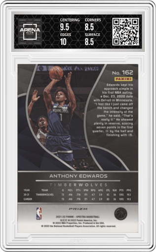 Anthony Edwards from the 2021-22 Panini Spectra set featuring a Asia parallel graded by Arena Club and given an overall grade of 9.