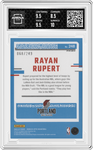 Rayan Rupert from the 2023-24 Donruss Optic set featuring a Aqua parallel graded by Arena Club and given an overall grade of 9.