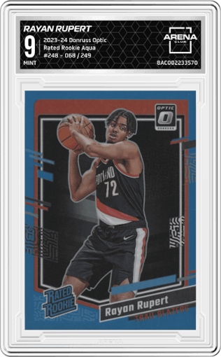 Rayan Rupert from the 2023-24 Donruss Optic set featuring a Aqua parallel graded by Arena Club and given an overall grade of 9.