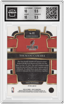 Toumani Camara from the 2023-24 Panini Select  set featuring a Red Prizm parallel graded by Arena Club and given an overall grade of 10.
