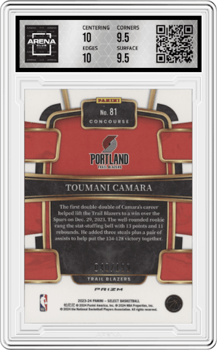 Toumani Camara from the 2023-24 Panini Select  set featuring a Red Prizm parallel graded by Arena Club and given an overall grade of 10.