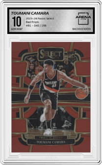Toumani Camara from the 2023-24 Panini Select  set featuring a Red Prizm parallel graded by Arena Club and given an overall grade of 10.