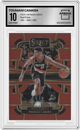 Toumani Camara from the 2023-24 Panini Select  set featuring a Red Prizm parallel graded by Arena Club and given an overall grade of 10.