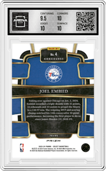 Joel Embiid from the 2023-24 Panini Select  set featuring a Neon Green Prizm parallel graded by Arena Club and given an overall grade of 10.