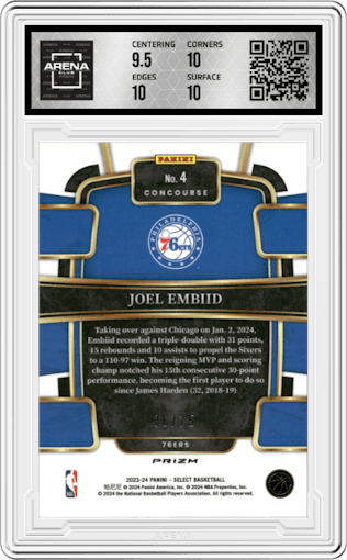 Joel Embiid from the 2023-24 Panini Select  set featuring a Neon Green Prizm parallel graded by Arena Club and given an overall grade of 10.