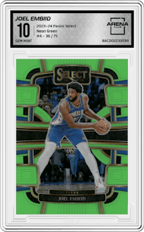 Joel Embiid from the 2023-24 Panini Select  set featuring a Neon Green Prizm parallel graded by Arena Club and given an overall grade of 10.