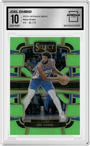 Joel Embiid from the 2023-24 Panini Select  set featuring a Neon Green Prizm parallel graded by Arena Club and given an overall grade of 10.