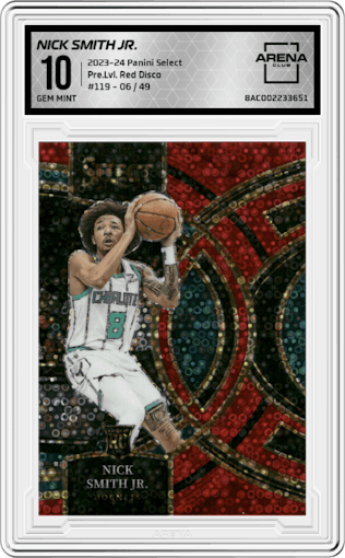 Nick Smith Jr. from the 2023-24 Panini Select  set featuring a Red Disco  parallel graded by Arena Club and given an overall grade of 10.