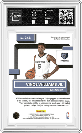 Vince Williams Jr. from the 2022-23 Panini Donruss set featuring a Choice Blue parallel graded by Arena Club and given an overall grade of 9.5.