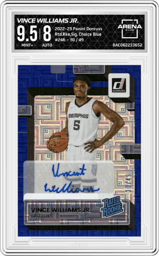 Vince Williams Jr. from the 2022-23 Panini Donruss set featuring a Choice Blue parallel graded by Arena Club and given an overall grade of 9.5.