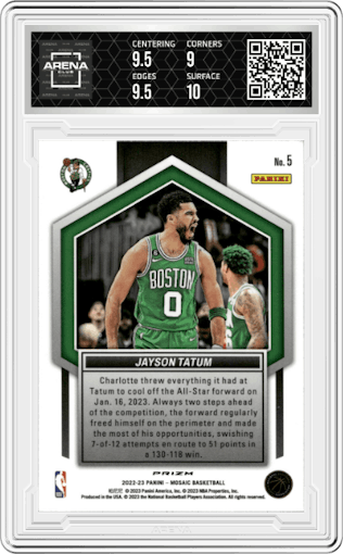 Jayson Tatum from the 2022-23 Panini Mosaic set graded by Arena Club and given an overall grade of 9.5.