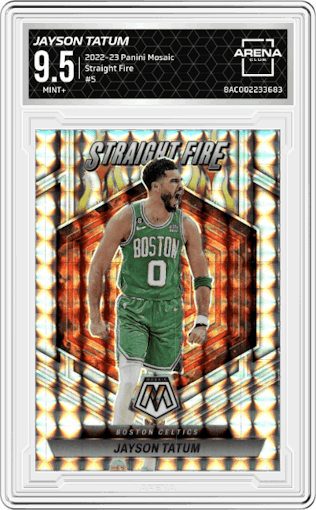 Jayson Tatum from the 2022-23 Panini Mosaic set graded by Arena Club and given an overall grade of 9.5.