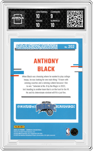 Anthony Black from the 2023-24 Panini Donruss set featuring a Red Holo Laser parallel graded by Arena Club and given an overall grade of 9.5.