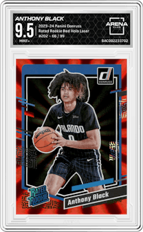 Anthony Black from the 2023-24 Panini Donruss set featuring a Red Holo Laser parallel graded by Arena Club and given an overall grade of 9.5.