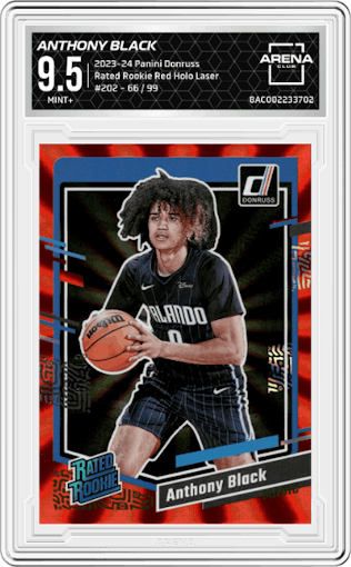 Anthony Black from the 2023-24 Panini Donruss set featuring a Red Holo Laser parallel graded by Arena Club and given an overall grade of 9.5.