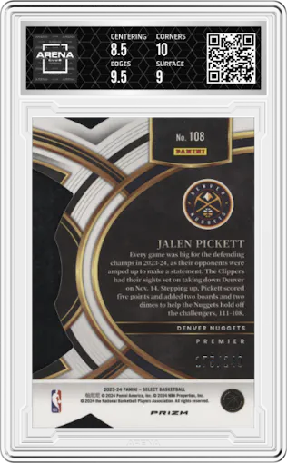 Jalen Pickett from the 2023-24 Panini Select  set featuring a Die-Cut Blue parallel graded by Arena Club and given an overall grade of 9.