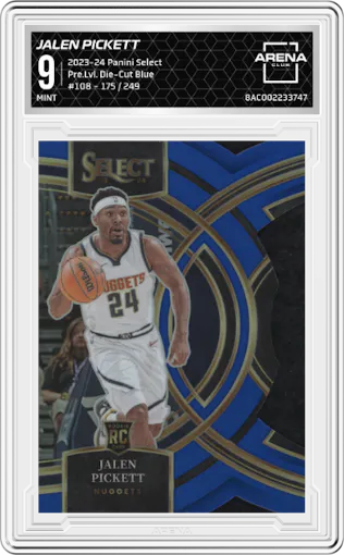 Jalen Pickett from the 2023-24 Panini Select  set featuring a Die-Cut Blue parallel graded by Arena Club and given an overall grade of 9.