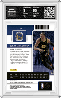 Jonathan Kuminga from the 2021-22 Panini Contenders Optic set featuring a Silver parallel graded by Arena Club and given an overall grade of 9.5.