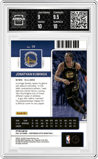 Jonathan Kuminga from the 2021-22 Panini Contenders Optic set featuring a Silver parallel graded by Arena Club and given an overall grade of 9.5.