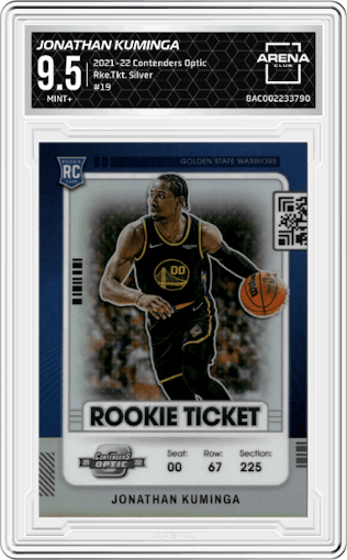 Jonathan Kuminga from the 2021-22 Panini Contenders Optic set featuring a Silver parallel graded by Arena Club and given an overall grade of 9.5.