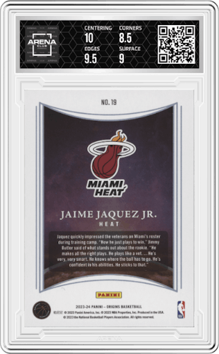 Jaime Jaquez Jr. from the 2023-24 Panini Origins set featuring a Red parallel graded by Arena Club and given an overall grade of 9.