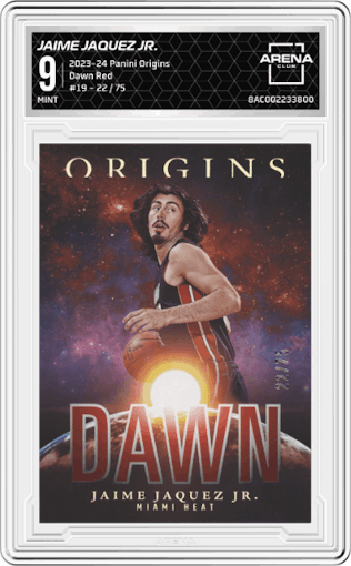 Jaime Jaquez Jr. from the 2023-24 Panini Origins set featuring a Red parallel graded by Arena Club and given an overall grade of 9.