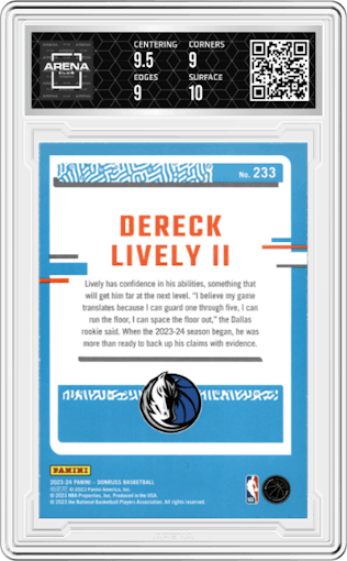 Dereck Lively II from the 2023-24 Panini Donruss set featuring a Choice parallel graded by Arena Club and given an overall grade of 9.5.