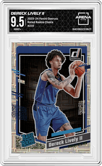 Dereck Lively II from the 2023-24 Panini Donruss set featuring a Choice parallel graded by Arena Club and given an overall grade of 9.5.