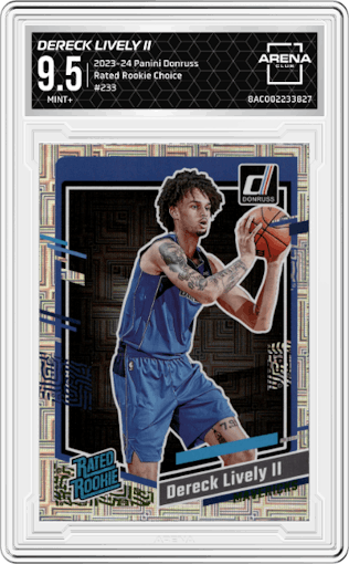 Dereck Lively II from the 2023-24 Panini Donruss set featuring a Choice parallel graded by Arena Club and given an overall grade of 9.5.