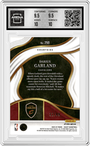 Darius Garland  from the 2023-24 Panini Select  set featuring a Red Disco Prizm parallel graded by Arena Club and given an overall grade of 10.