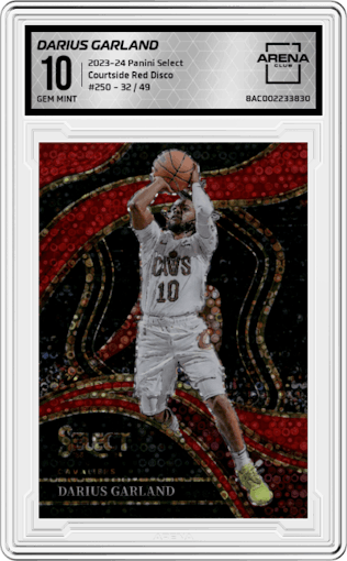 Darius Garland  from the 2023-24 Panini Select  set featuring a Red Disco Prizm parallel graded by Arena Club and given an overall grade of 10.