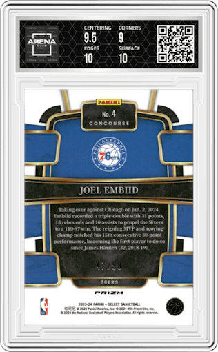 Joel Embiid from the 2023-24 Panini Select  set featuring a Light Blue Disco parallel graded by Arena Club and given an overall grade of 9.5.