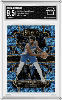 Joel Embiid from the 2023-24 Panini Select  set featuring a Light Blue Disco parallel graded by Arena Club and given an overall grade of 9.5.