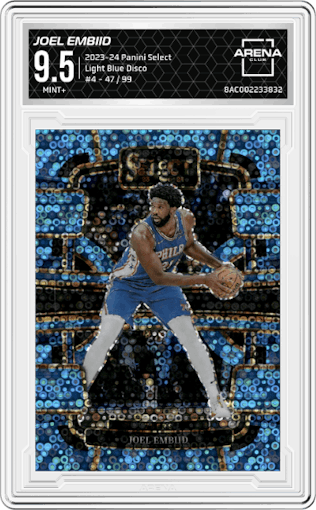 Joel Embiid from the 2023-24 Panini Select  set featuring a Light Blue Disco parallel graded by Arena Club and given an overall grade of 9.5.