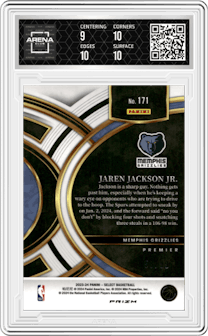 Jaren Jackson Jr. from the 2023-24 Panini Select  set featuring a Light Blue Disco parallel graded by Arena Club and given an overall grade of 9.5.