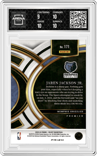 Jaren Jackson Jr. from the 2023-24 Panini Select  set featuring a Light Blue Disco parallel graded by Arena Club and given an overall grade of 9.5.