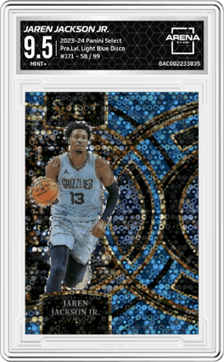 Jaren Jackson Jr. from the 2023-24 Panini Select  set featuring a Light Blue Disco parallel graded by Arena Club and given an overall grade of 9.5.